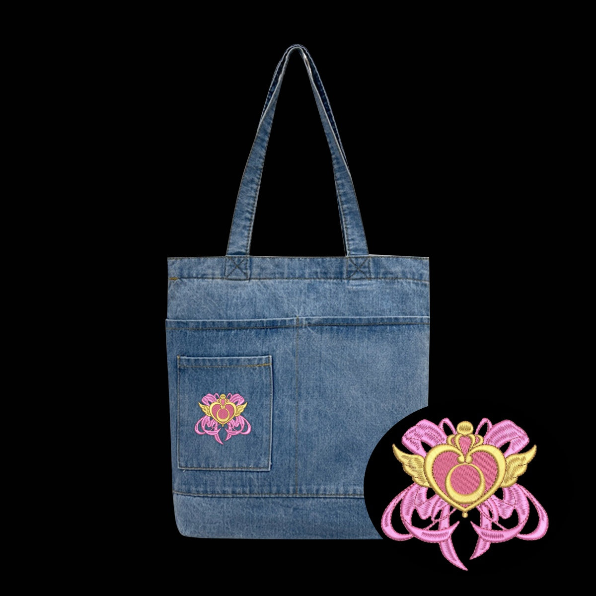 Sailor Moon Heart Compact Embroidered Denim Tote Bag - Front View