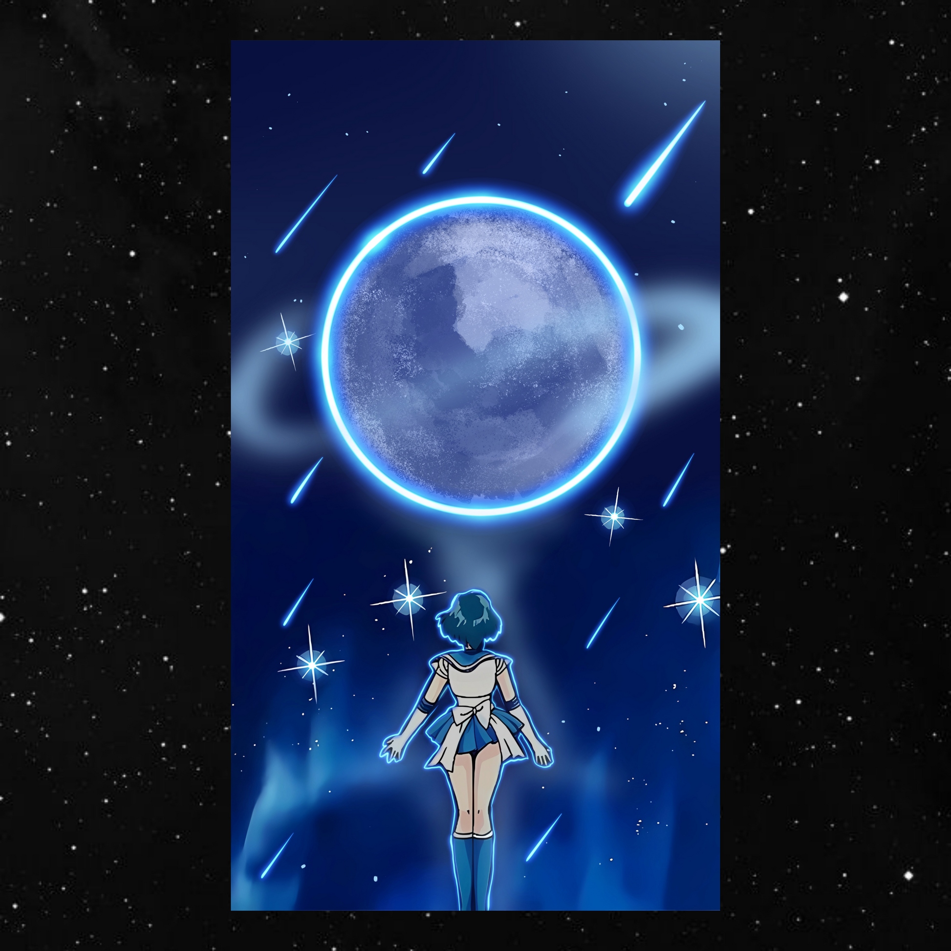 a woman standing in front of a blue moon