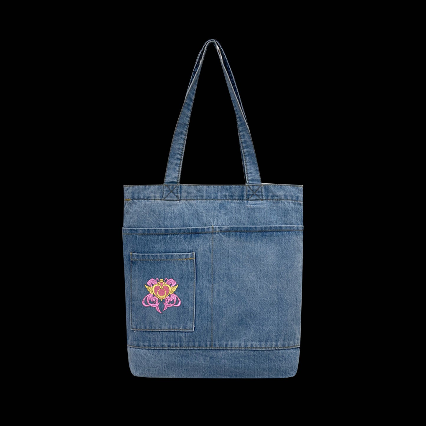 Stylish and Durable Sailor Moon Heart Compact Embroidered Denim Tote Bag