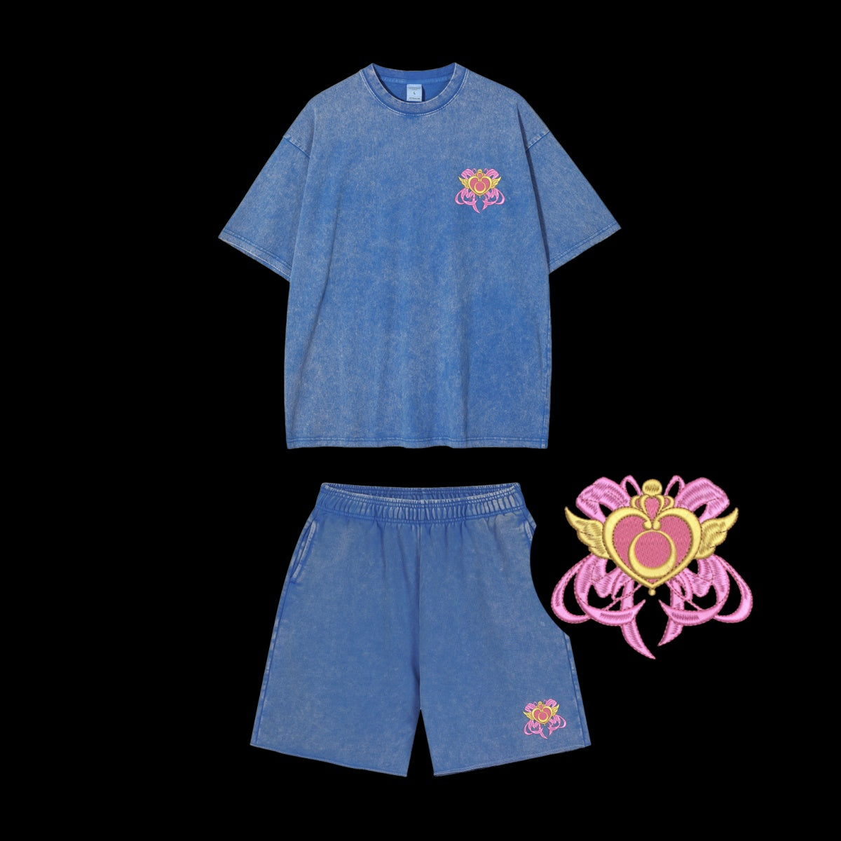 Custom Embroidered Sailor Moon Anime Washed Short-Sleeve and Shorts Set